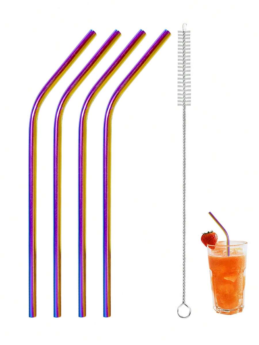 4pcs Stainless Steel Straw & 1pc Brush Set, Gradient Color Bend Straw, For Kitchen, Kitchen, Christmas Gift,School Supplies - Multicolor - View 1