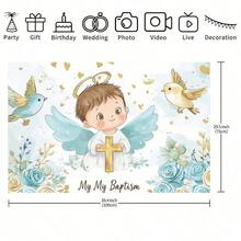 1件天使翅膀装饰背景布，饰以蓝色小鸟、植物和金色十字架——象征纯洁的心灵。洗礼主题背景布，适用于圣餐礼、洗礼、宗教仪式以及神圣优雅的家居布置。融合复古与现代风格，营造温馨氛围。 - 彩色 - 查看 8