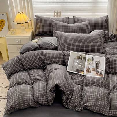 3件/4件套格子图案柔软舒适床上用品套装，简约数码印花水洗磨毛被套套装：1*被套+1*床单+2*枕套，亲肤印花床上用品套装，适用于卧室、客房、特大/大号/单人床，四季皆宜，透气舒适，双面可用，可机洗