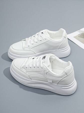 Women Thick Sole Lace-Up Casual Sneakers, Fashionable White Platform Shoes, Waterproof, Suitable For Spring And Autumn