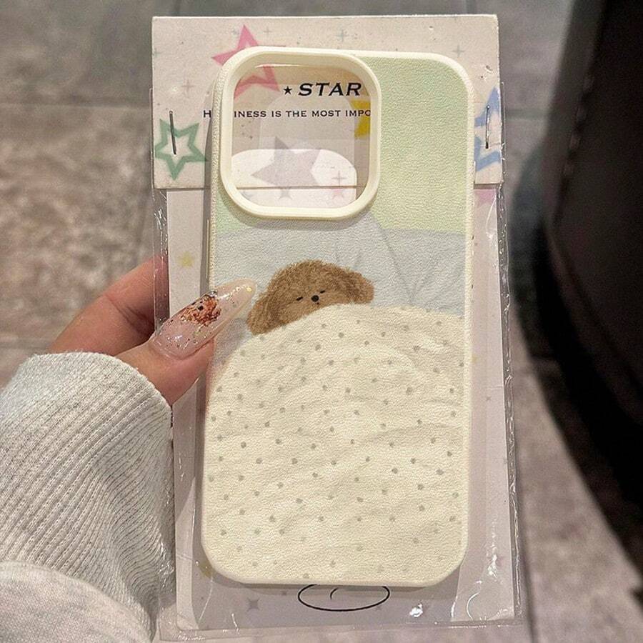 1pc TPU Material Brown Dog Wrapped Healing Pattern Phone Case Compatible With Iphone 17 Pro Max/17/16 Pro Max/15/13/12/11, S20 FE/A15/S24/A55, Redmi Note 11/Note 12/Note 13 Pro, Full Coverage Anti-Drop Soft Protective Phone Case - White - View 1