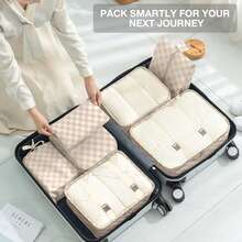 8 Set Travel Storage Bag Packing Cubes Portable Clothes Packing Cubes,Lightweight Waterproof Luggage Organizer For Clothes, Shoes, Makeup, Accessories - Khaki Grid-A - 查看 7
