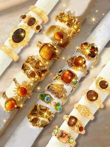 复古优雅复古硬币风格随机27/25/21/18/12/3件金属多元素闪亮棕色仿宝石仿珍珠心形花朵海星贝壳六芒星不规则线条十字开口可调节戒指套装，夸张宽面高端珠宝，男女皆宜，是度假、派对、约会、周年纪念、情人节礼物、日常搭配的理想之选（款式随机） - 彩色 - 查看 2