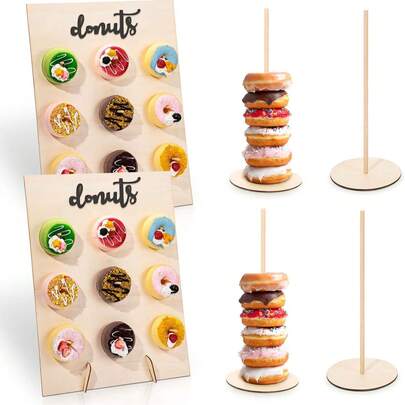 1 set donutpresentatierek, inclusief donutwand, donutpresentatierek, donutbord, decoratieve donutwand en decoratieve donuts. Geschikt voor verjaardagen, bruiloften, vrijgezellenfeesten, feesten, jubilea en andere gelegenheden.