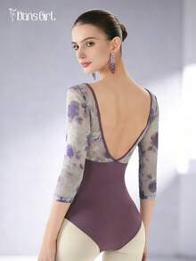 DonsGirl Áo liền quần múa ba lê nữ, trang phục khiêu vũ thanh lịch với họa tiết hoa hồng 3D bằng lưới và tay áo lửng, thích hợp cho thể thao mùa xuân. - Màu tím - Xem 6