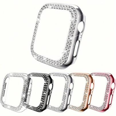 Apple Double Diamond Hollow Watch Case Set - Bagged 5 Pieces/Set Men And Women Rhinestone Decorated Charming Fashion Anti-Fall Watch Case PC Hollow Protective Case Compatible With Apple Watch Case 38/40/41/42/44/45/46/49mm Compatible With Apple Watch Series Ultra/SE/11/10/9/8/7/6/5/4/3/2/1 Smart Watch Case Accessories