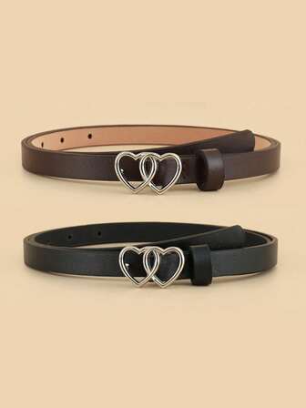 Set de 2 cinturones de estilo coreano minimalista y versátil con hebilla de doble corazón plateada, accesorio de vestido/bata para el Día de San Valentín