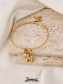 1件装不锈钢手镯，配心形水钻A-Z字母吊坠，适合女孩和女性佩戴 - 手鐲 . - 查看 11