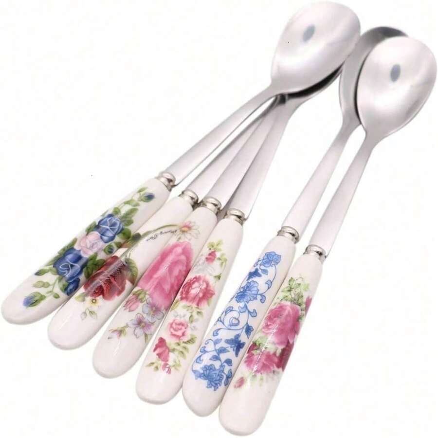 6 Pack Stainless Steel Coffee Spoon Ceramic Handle Teaspoon Sugar Spoon Ice Cream Desert Spoon Stirring Soup Tableware - 預設 - 查看 1