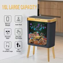 Bathroom Trash Can With Lid, 4 Gallon Slim Garbage Can With High Foot, Dog Proof Trash Can With Press-TOP, Modern White And Gold Trash Bin, Decorative Waste Basket For Bedroom - 黑色 - 查看 2