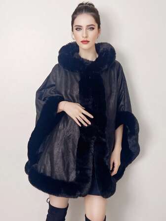 1pc Hooded Poncho Cape Faux Rabbit Fur Collar Shawl Cardigan, Thick Warm Solid Artificial Fur Scarf