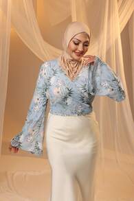 DAZY Floral Print Wrap Ruched Top - Biru - View 6