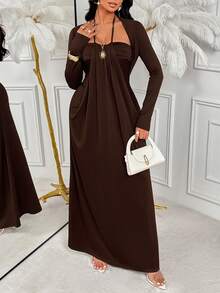 AIJ Spring Summer New Arrival Chic Dark Brown Two Pieces Set: Strapless Ruched Maxi Dress With Long Sleeve Cardigan - Date Night/Evening Party/Cocktail Elegant Outfit - Brown - View 6