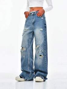 青少年女孩青春期美国复古破洞宽松直筒牛仔裤，休闲阔腿裤