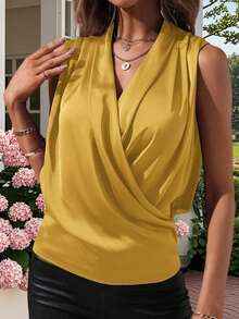 Women's Satin Tank Tops Solid Color Sleeveless Wrap V Neck Pleated Summer Shirts - Yellow - View 3