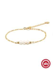 1pc 18K Gold Plated Pearl 925 Sterling Silver Romantic Bracelet, Suitable For Daily Wear, Wedding, Party, Engagement And Other Occasions, Exquisite Jewelry - Gold - View 10