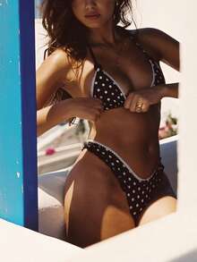 Women .Y Triangle Bikini Set Cute Polka Dots Printed 2 Piece Swimsuit Y2k Ruffle Trim Bathing Suit Coquette Swimwear - 黑色 - 查看 5