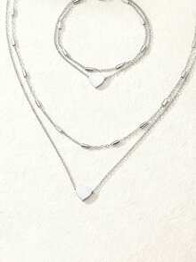 Aomogo 2件套时尚优雅百搭不锈钢多层珍珠心形手链+项链，适合女性随时佩戴 - 項鍊+手鍊 - 查看 10