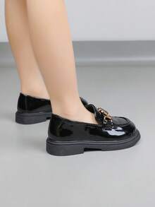 1 Pair Children Flat Shoes, Fashion Heart Pattern Casual Girls Leather Shoes - Black - View 2