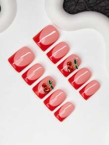10片方形手工美甲贴片，Y2K 酷炫风格，裸色和红色法式贴片，樱桃元素设计，适合女性和女孩，可用于派对、舞蹈、日常佩戴，包含工具包，是送给女士的绝佳礼物，美甲用品，手工按压式美甲贴片 - 彩色 - 查看 3