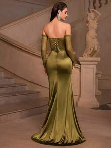 女士优雅露肩长袖蕾丝拼布透视开衩长款系带连衣裙，适合舞会、派对、生日、约会之夜、返校节、婚礼嘉宾、正式晚宴 - 軍綠色 - 查看 2