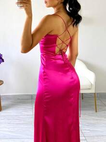 Women's Rose Red Satin Slit Maxi Dress, Perfect For Weddings, Formal Occasions, Christmas, New Year's Eve And More, For Valentine's Day - Hot Pink - View 5