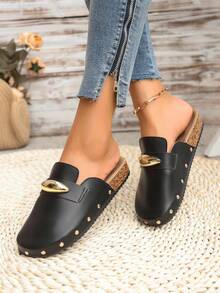 2026夏季女士时尚穆勒平底拖鞋，套脚木底厚底铆钉水钻户外拖鞋，日常通勤休闲度假软底轻便沙滩鞋 - 黑色 - 查看 4