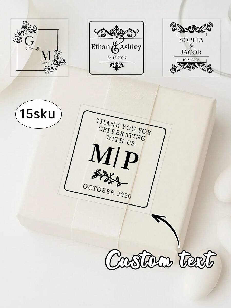 8/20/40pcs Custom Clear Plastic Stickers With Black Print,Square Wedding Transparent Stickers,Adhesive Labels With Love By Your Name, Personalized Stickers With Text Logo - Multicolor - View 1