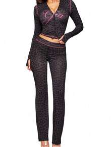 Leopard Print Zip Up Jacket & Pants 2-Piece Set Women Street Style Outfit, Elegant And Sexy Fitness Two-Piece Sportswear Set, Street Club Attire - 紫色 A - 查看 3