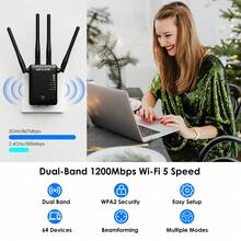 WiFi信号扩展器，1200Mbps信号增强器/中继器，覆盖范围高达1500平方英尺，适用于游戏、房间装饰、办公用品等，WiFi信号扩展器/增强器，网络增强器，远距离WiFi扩展器，快速设置（中等难度）