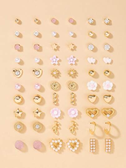 30 Pairs Elegant Minimalist Earring Set, Cute Flower, Star, Heart Shaped Metal & Faux Pearl Rhinestone Earrings Combination, Suitable For Daily Casual Wear, Holiday Gift For Women