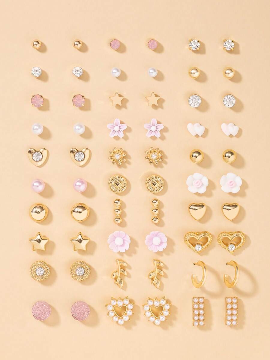 30对优雅简约耳环套装，包含可爱花朵、星星、心形金属和仿珍珠水钻耳环，适合日常休闲佩戴，也是送给女性的节日礼物。 - 彩色 - 查看 1