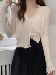 Korean Style V-Neck Frill Trim Lightweight Knit Cardigan Spring - Apricot - View 2