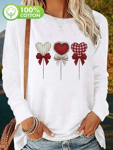 女士长袖T恤，印有可爱的爱心棒棒糖图案，复古小众设计，舒适纯棉圆领套头衫，适合秋冬季穿着。