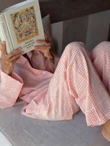 Nina Bonheur 2pcs Striped Cardigan Pajama Set With Button Front Pockets Long Sleeve Top And Elastic Waist Pants, Sleepwear - Pink - View 6