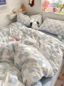 Checkerboard Print Bedding Set, Blue & White Duvet Cover With Zipper Design, Polka Dot Bow Soft 4-Piece Set Including 1*Duvet Cover + 1*Flat Sheet + 2*Pillowcases, Super Soft Polyester Fiber, Suitable For Teenagers And Adults, Machine Washable, Duvet Cover And Pillowcases Without Filler - Baby Blue - View 6