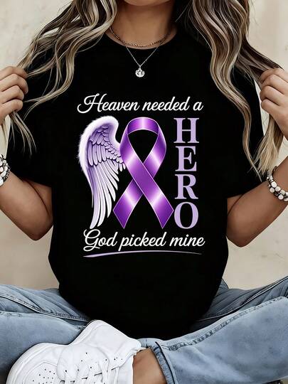 Black T Shirt Heaven Needed A Hero God Picked Mine Purple Ribbon And Angel Wings Design For Cancer Awareness And Memorial Support