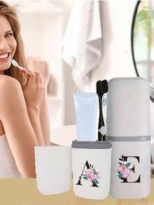 1pc A-Z Initial Floral Travel Toothbrush Holder, 2-In-1 Portable Toothbrush & Toothpaste Storage Cup, Personalized Letter Bathroom Storage Box For Travel, Business Trip, Camping, School, Suitable For Easter, Mother's Day Gifts - Multicolor - View 7