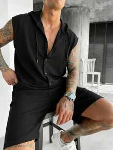 GRDR 男士休闲棉麻连帽背心和棉麻休闲短裤套装 | 精致设计 | 夏季必备 | 易于搭配，展现您的时尚风格 - 黑色 - 查看 3