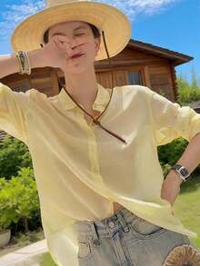 Áo sơ mi dài tay cài cúc màu trơn dành cho nữ, áo tay dài, trang phục chống nắng, thích hợp mặc quanh năm vào mùa xuân. - Vàng nhạt - Xem 7