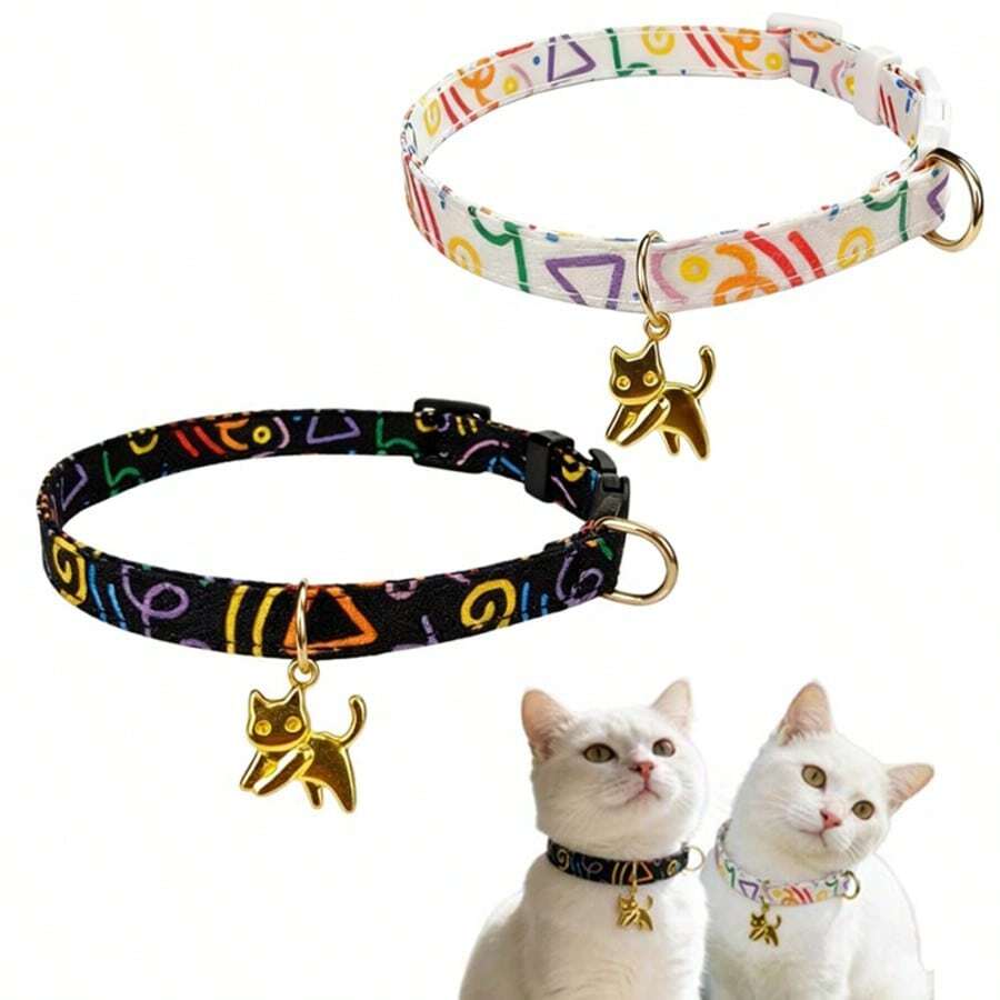 Coleira de Gato com Grafite e Pingente de Gato Fofo Destacável, Fivela de Segurança Anti-Fuga, Tamanho Ajustável para Gatos Pequenos, Médios e Grandes, Presente de Feriado para Animais de Estimação, Opções de Duas Cores - Multicolorido - Visão 1