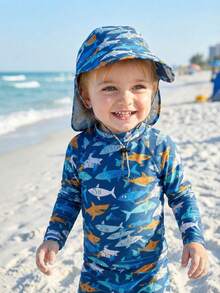 1顶幼儿男童夏季帽子，恐龙系列、鲨鱼系列，时尚渔夫帽，男童多功能宽檐防晒帽，沙滩帽 - 1PC - 查看 4