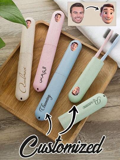 Personalized Customized Toothbrush Cup With Name And Photo,Portable, Can Be Customized, Covered, Dust-Proof, Easy To Clean And Store, Travel Storage Container, Easy To Carry, Waterproof, Made Of Plastic Materials, Lightweight And Compact, Multi-Functionalsending Birthday Gifts To Family And Friends, Valentine's Day, Wedding Season, Ramadan
