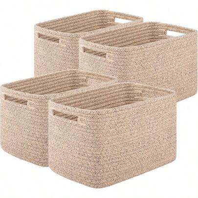 Storage Baskets For Organizing, Woven Decorative Baskets For Shelves - Books, Towels, And Clothes, Cotton Rope Toy Storage Bins, 12.7''Lx9''Wx7.8''H, Pack Of 4, Brown