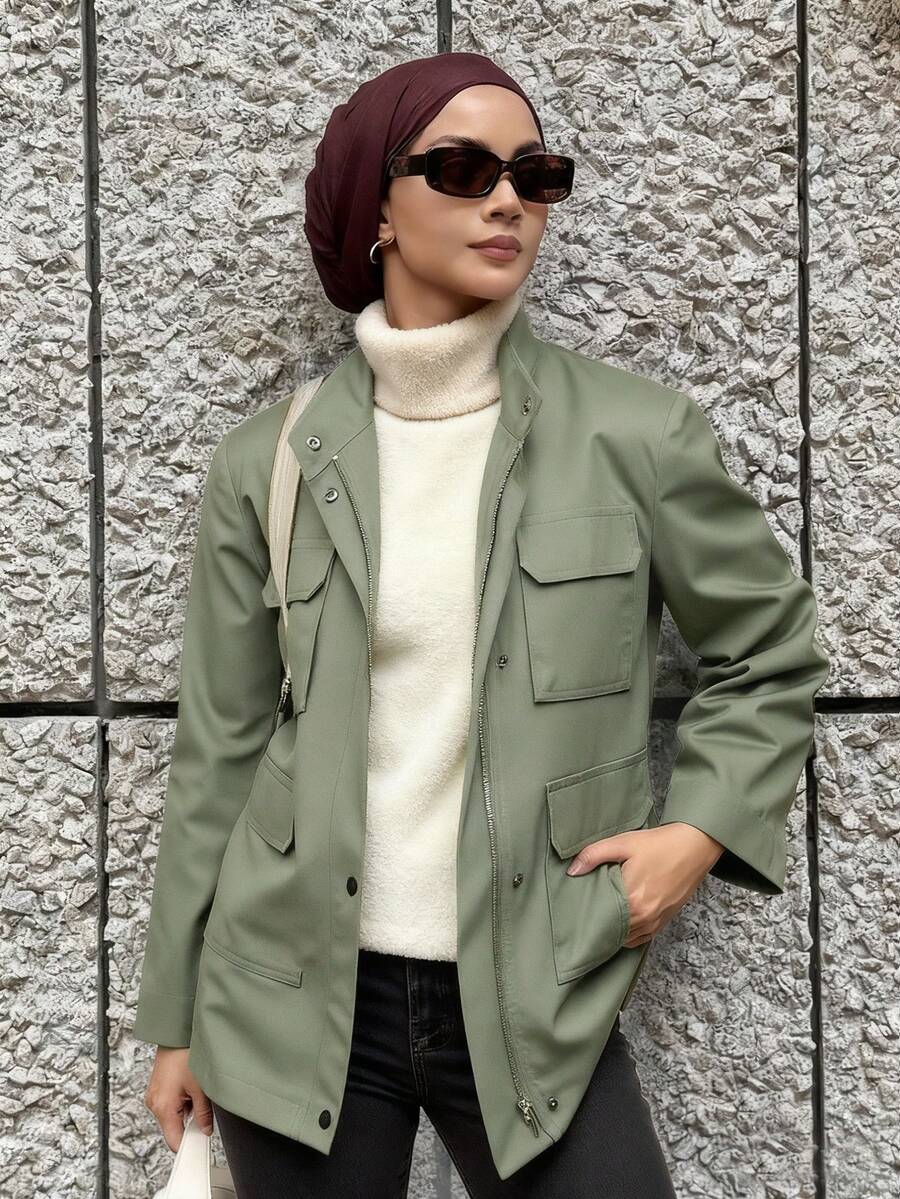 DAZY 女士休闲街头时尚简约纯色翻盖口袋拉链常规款夹克女外套 - 軍綠色 - 查看 1