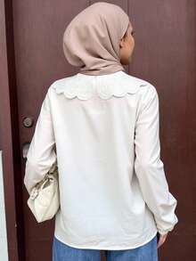 DAZY Lantern Sleeve Eyelet Embroidered Statement Collar Blouse,Long Sleeve Tops,Fall Clothes Preppy Tops