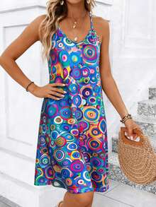 Women's V-Neck Printed Mini Dress - Sexy Beach Dress, Flowy Summer Party Dress, Casual Summer Outfit, Lightweight Summer Dress, Everyday Holiday Wear - Blue - View 3