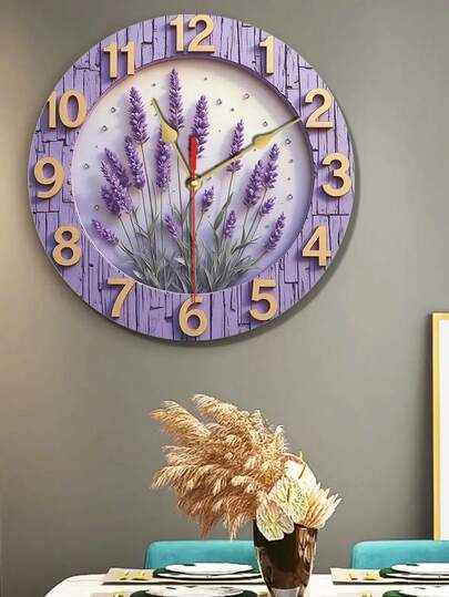 Orologio da parete in quarzo lavanda da 10/12 pollici - silenzioso, funzionamento a batteria (batterie AA non incluse), design piatto 2D, decorato con fiori di lavanda viola e foglie verdi - perfetto per soggiorno, cucina, camera da letto o regalo, orologio da parete da cucina | Decorazione rustica | Orologio a batteria