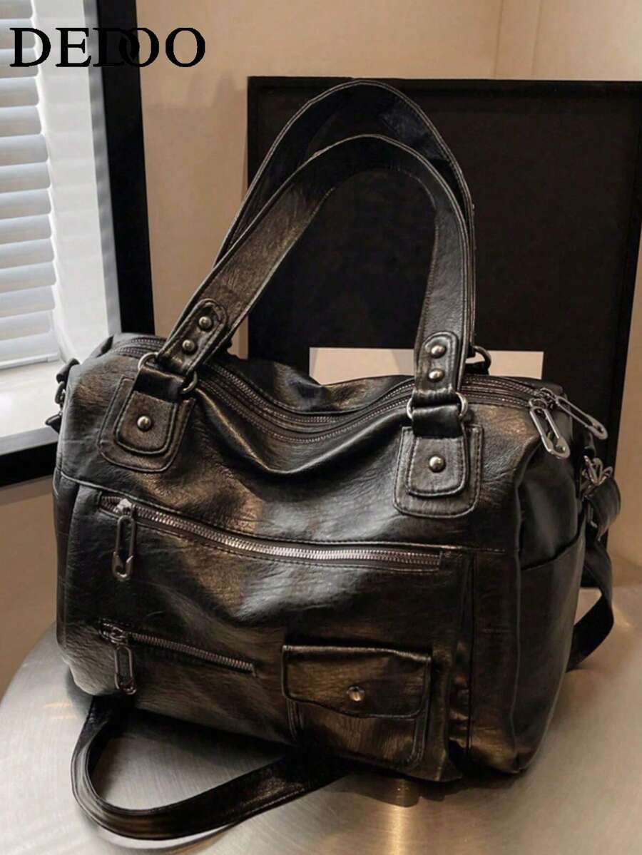 大容量、超火爆、高端质感包包，新款单肩斜挎包，商务旅行行李包，女士时尚休闲复古百搭手提包，简约托特包，中世纪机车包，复古风女士包包，女士托特包，学生必备托特包，街头日系女士包，新款女士托特包，优雅女士包包，复古风，办公包，Y2K - 黑色 - 查看 1