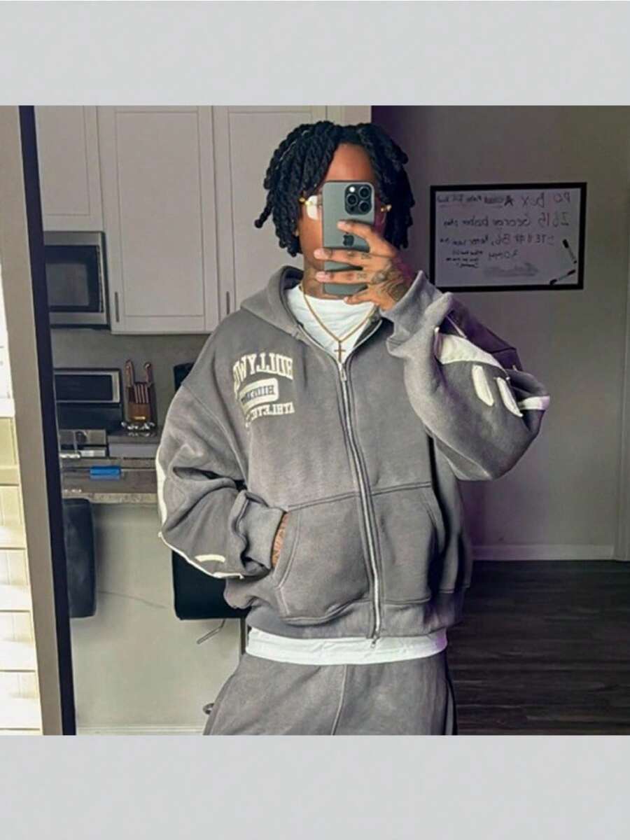 Y2K Hip-Hop Streetwear Fashion Brand Letter 3D Printing Loose Hoodie Men's And Women's Zipper Sweater Jacket - 灰色 - 查看 1